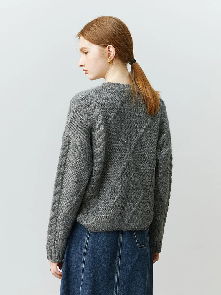 Crew Neck Diamond Cable Knit Long Sleeve Pullover Sweater 2