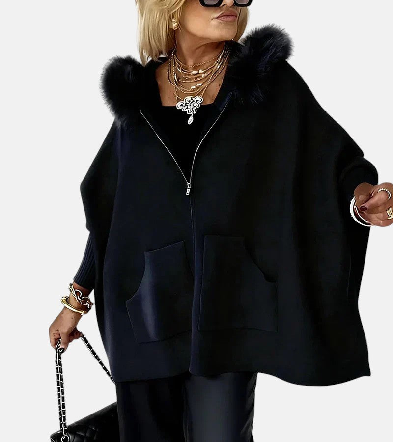 Faux Fur Hooded Zip Front Batwing Cape Jacket