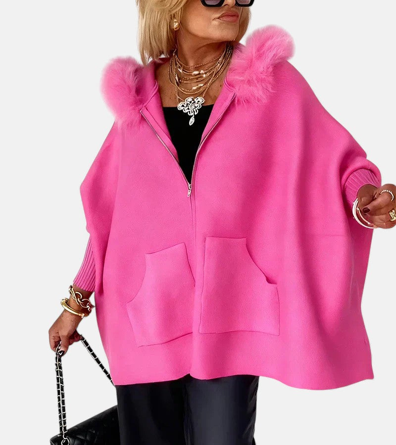 Faux Fur Hooded Zip Front Batwing Cape Jacket