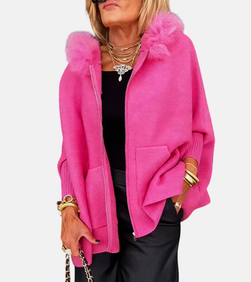 Faux Fur Hooded Zip Front Batwing Cape Jacket
