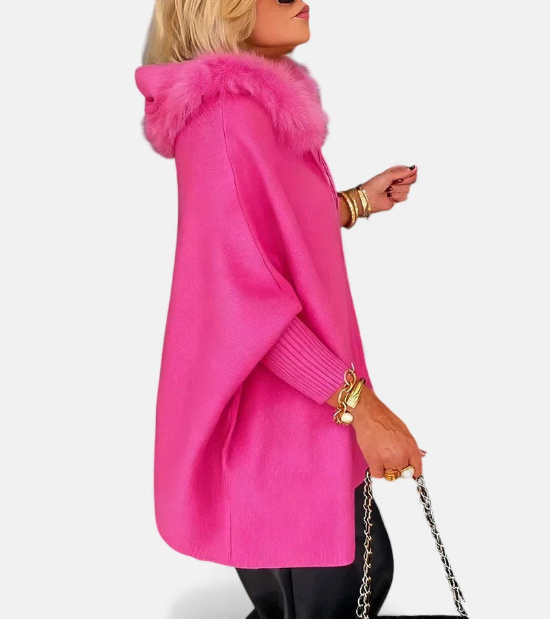Faux Fur Hooded Zip Front Batwing Cape Jacket
