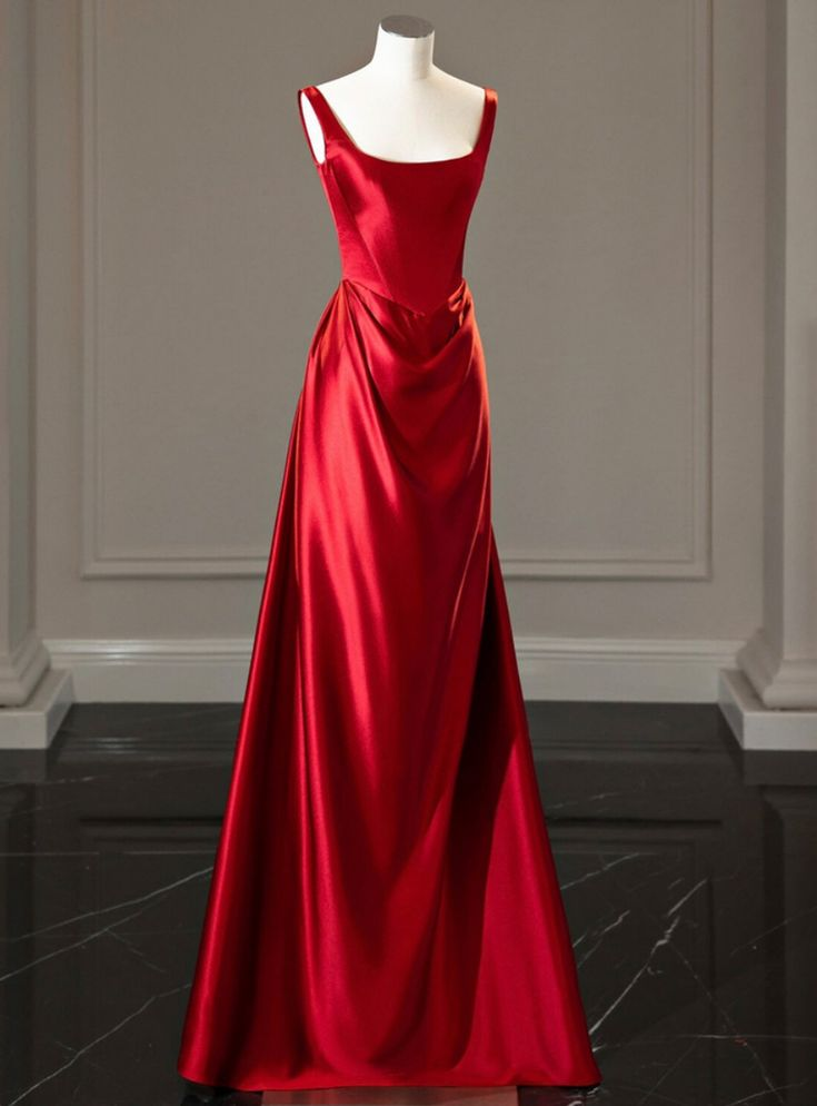 Elegant Red Satin Straps Pleats Prom Dress Long Party Evening Dress cc1926