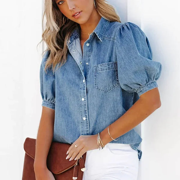 Puff Sleeve Button Up Denim Look Shirt