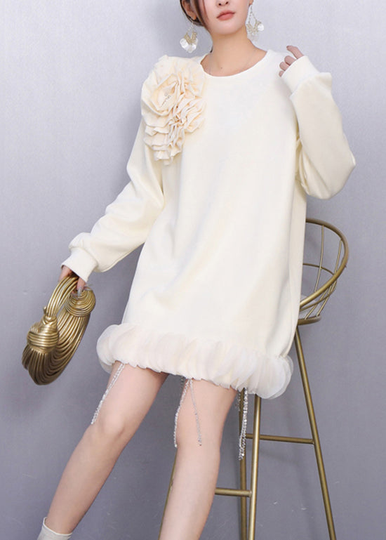 Rosette Crystal Beaded Fringe Ruffle Hem Sweatshirt Mini Dress