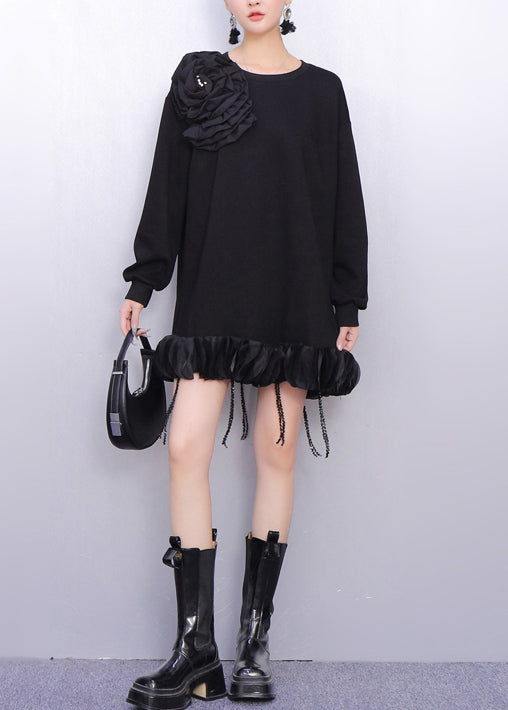 Rosette Crystal Beaded Fringe Ruffle Hem Sweatshirt Mini Dress