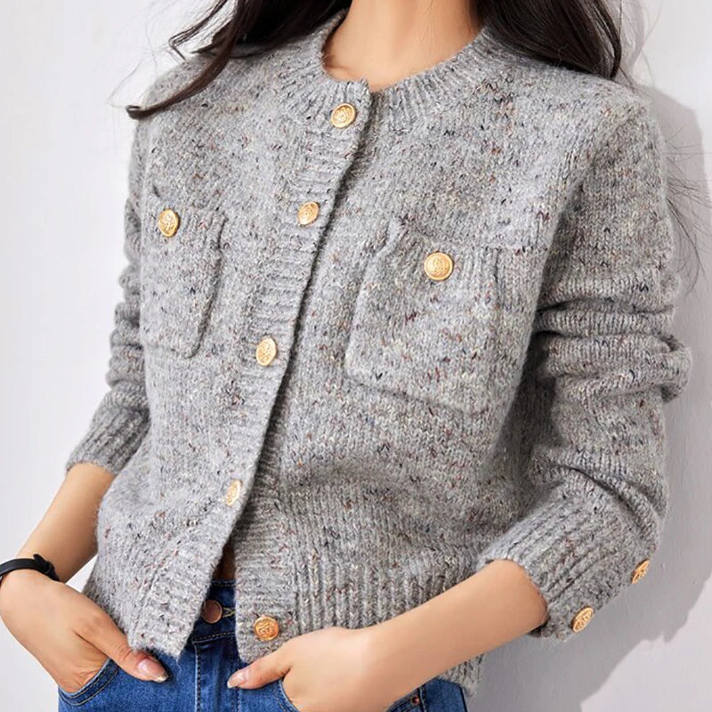 Crew Neck Flap Pocket Metallic Button Speckled Knit Cardigan