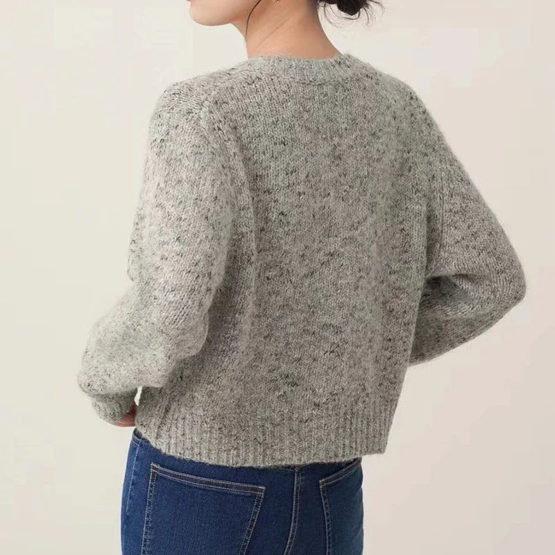Crew Neck Flap Pocket Metallic Button Speckled Knit Cardigan 3