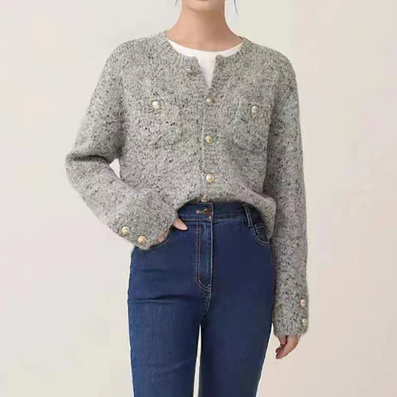 Crew Neck Flap Pocket Metallic Button Speckled Knit Cardigan 5