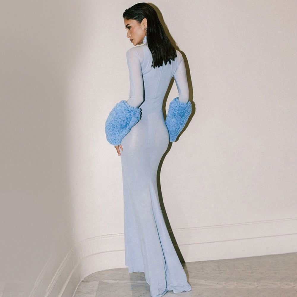Fall Long Sleeve Light Blue Tencel Slim Fit Solid Color Dress - View 3