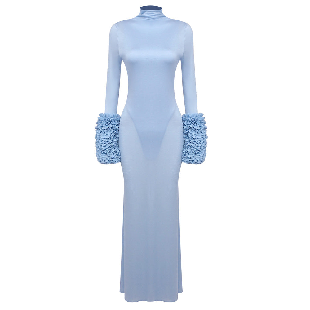 Fall Long Sleeve Light Blue Tencel Slim Fit Solid Color Dress - View 5