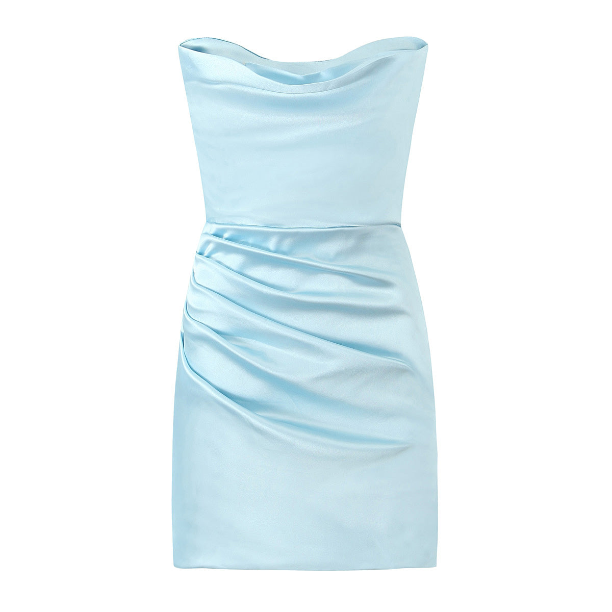 Strapless Cowl Neck Ruched Draped Bodycon Mini Dress