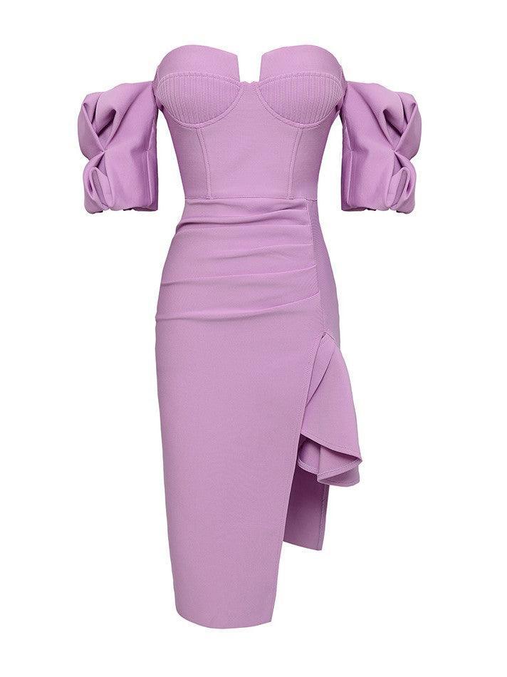 Off Shoulder Puff Sleeve Corset Ruffle High Split Bandage Midi Dress