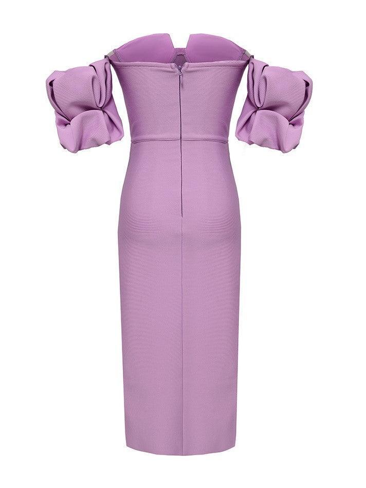 Off Shoulder Puff Sleeve Corset Ruffle High Split Bandage Midi Dress