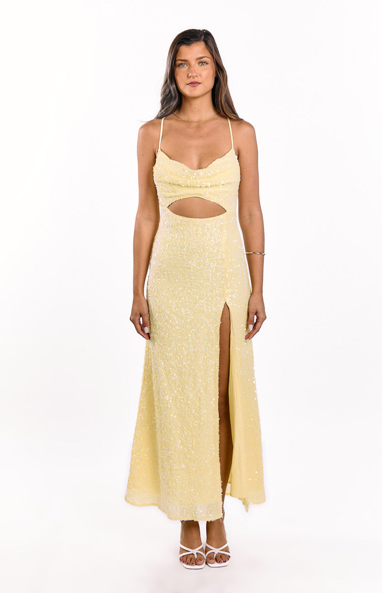 Fallon Yellow Sequin Cut Out Formal Maxi dress