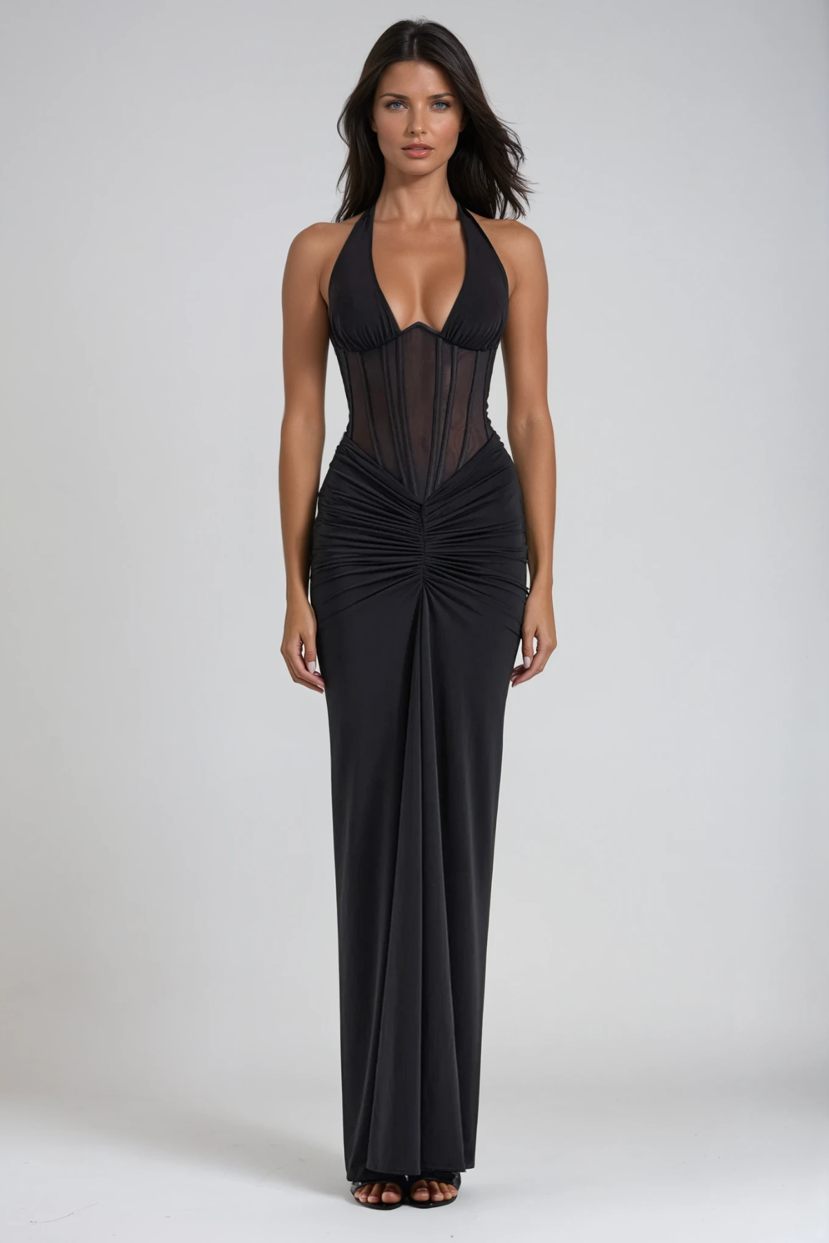 Halter Neck Corset Ruched Draped Maxi Gown