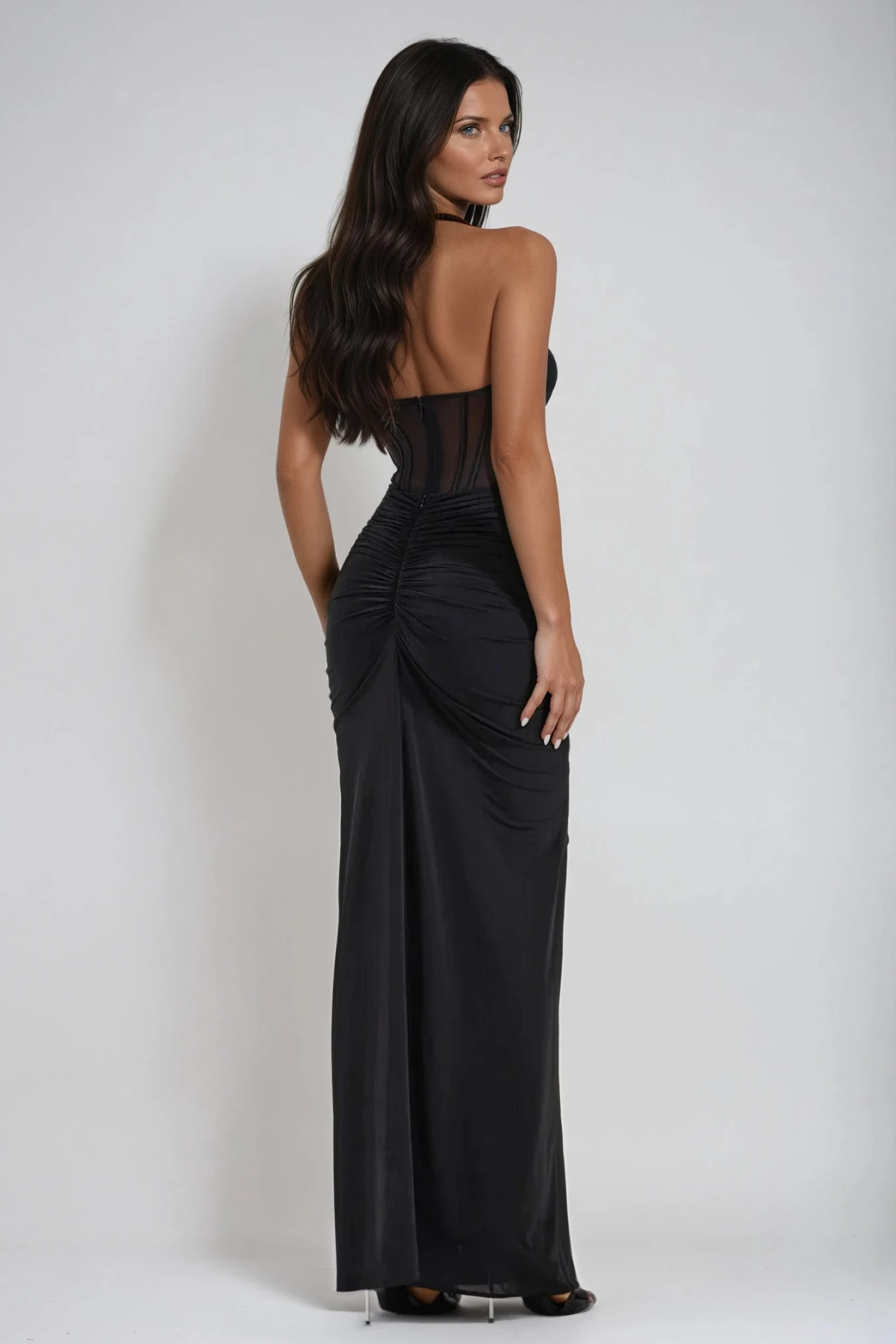 Halter Neck Corset Ruched Draped Maxi Gown
