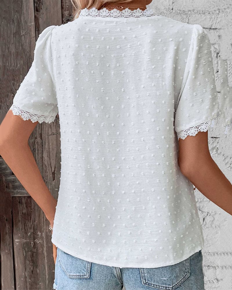 Swiss Dot Lace Trim V-Neck Short Sleeve Blouse
