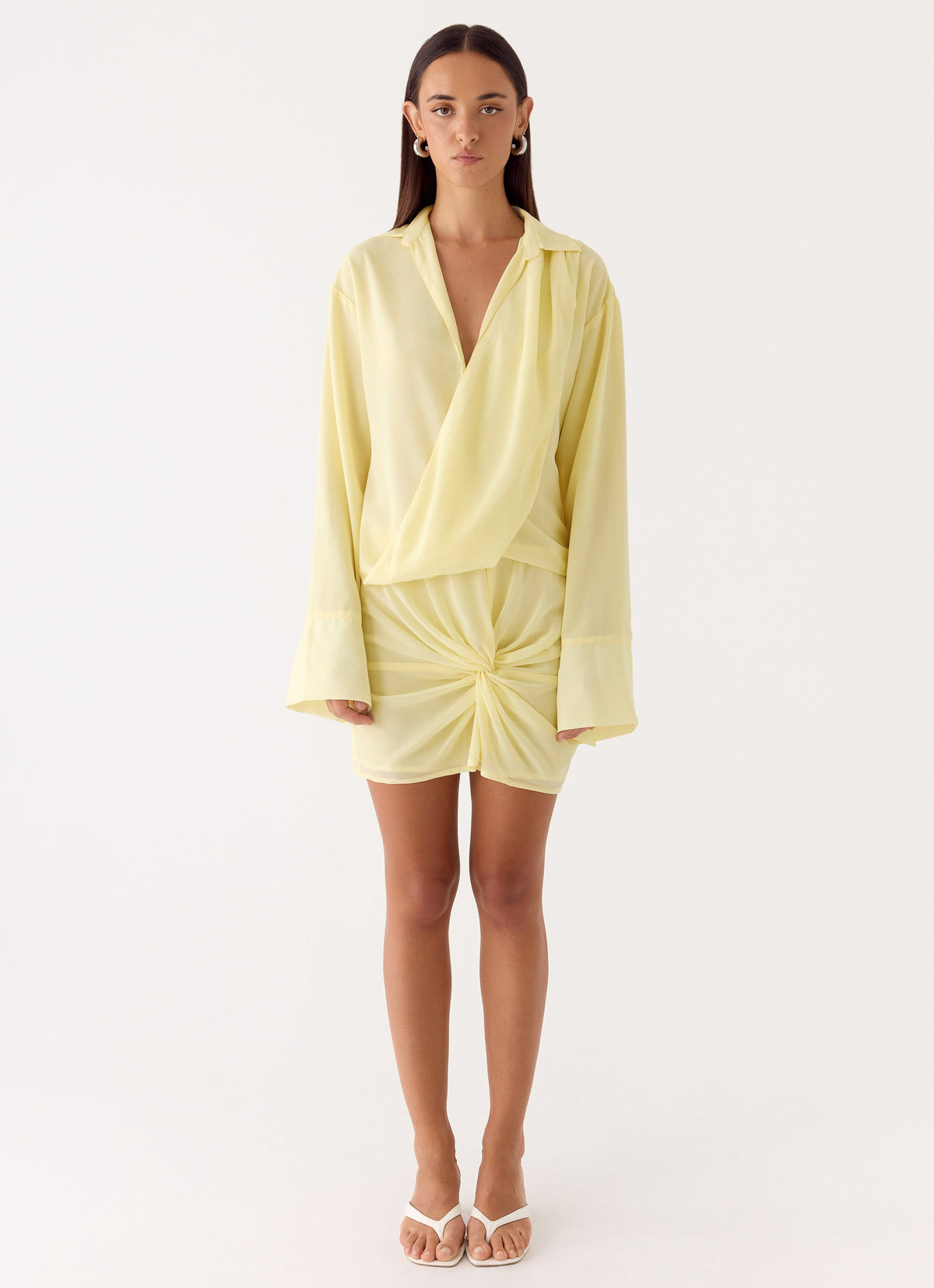 Collared Wrap Front Long Sleeve Twist Knot Mini Shirt Dress 4