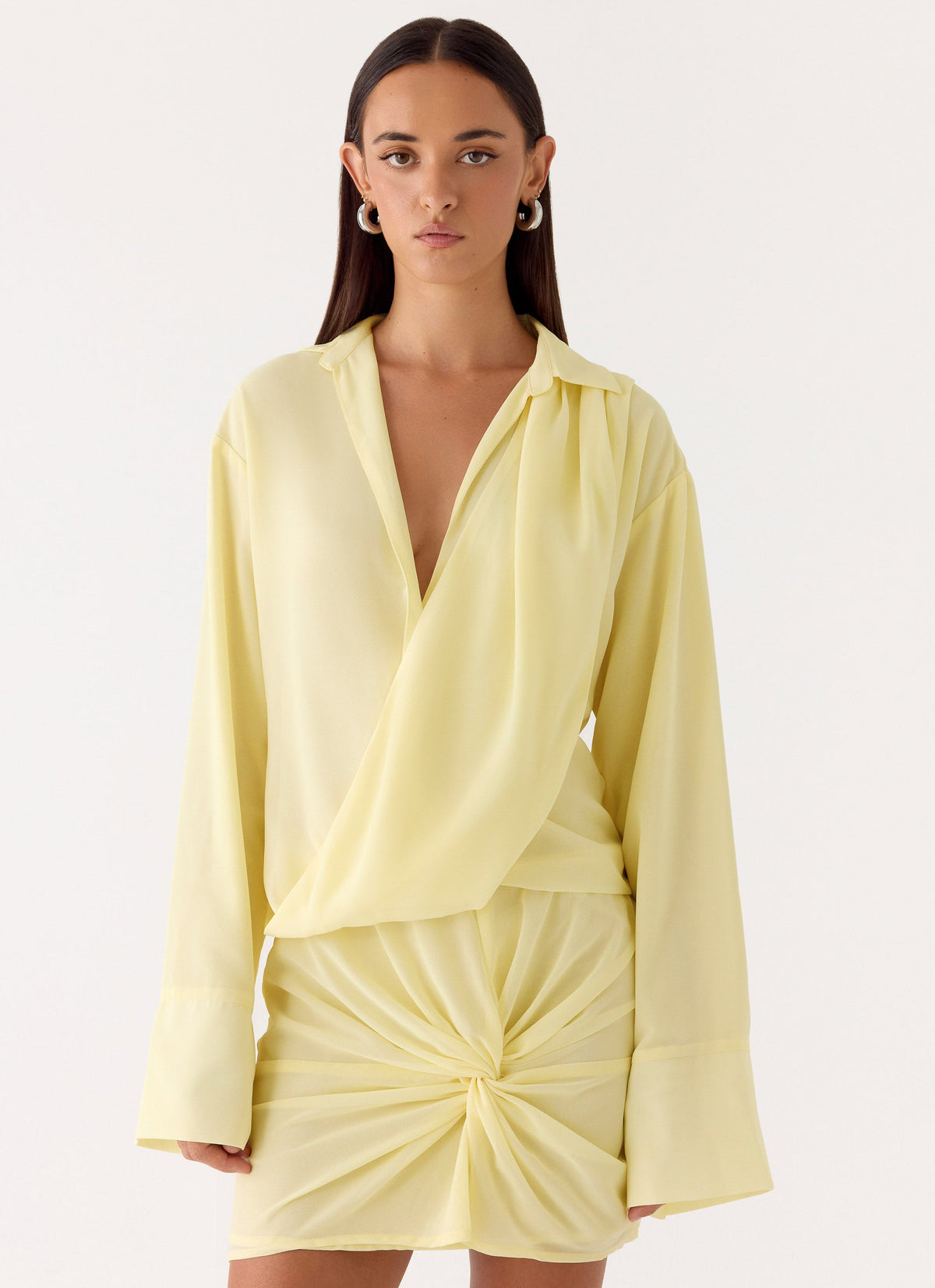 Collared Wrap Front Long Sleeve Twist Knot Mini Shirt Dress