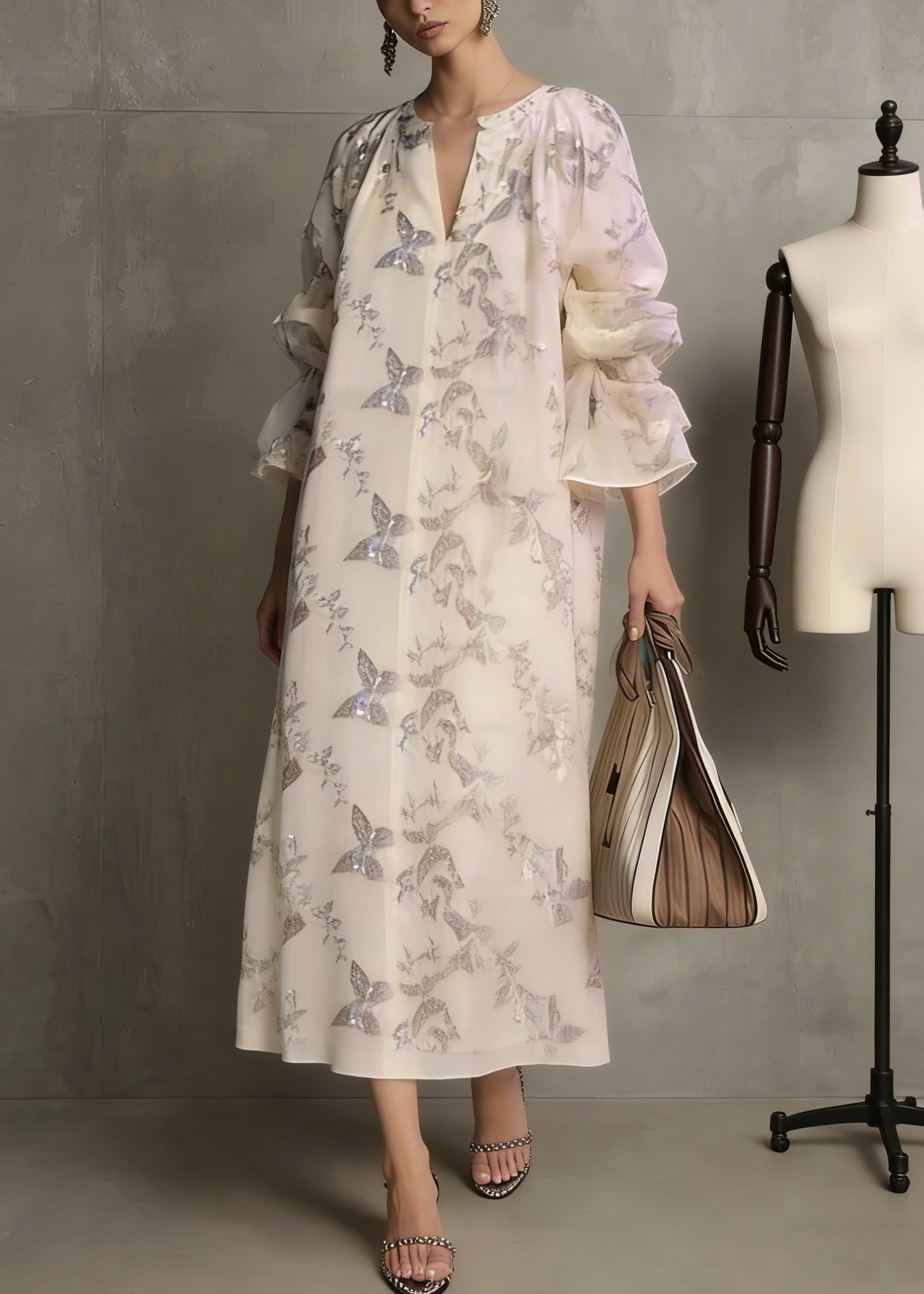 Butterfly Print Sequin Deep V-Neck Tiered Cuff Oversized Maxi Dress