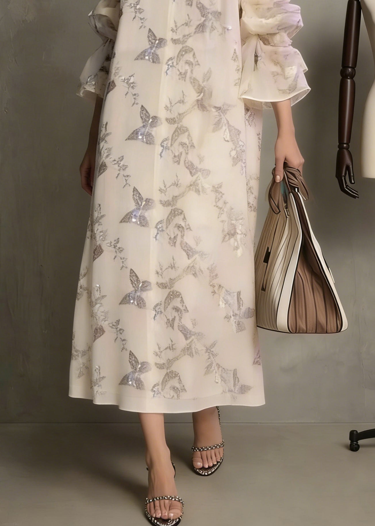 Butterfly Print Sequin Deep V-Neck Tiered Cuff Oversized Maxi Dress
