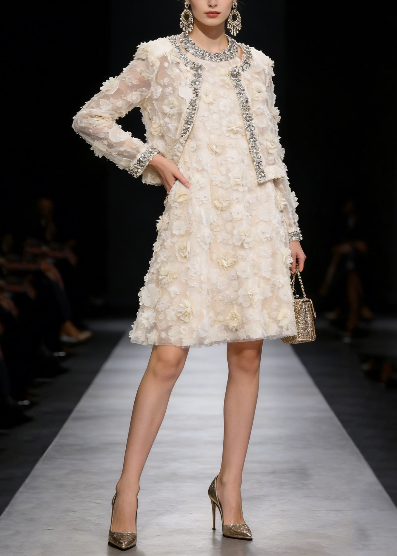 Crystal Trim Organza Cropped Jacket Applique Mini Dress Two Piece Set - View 5