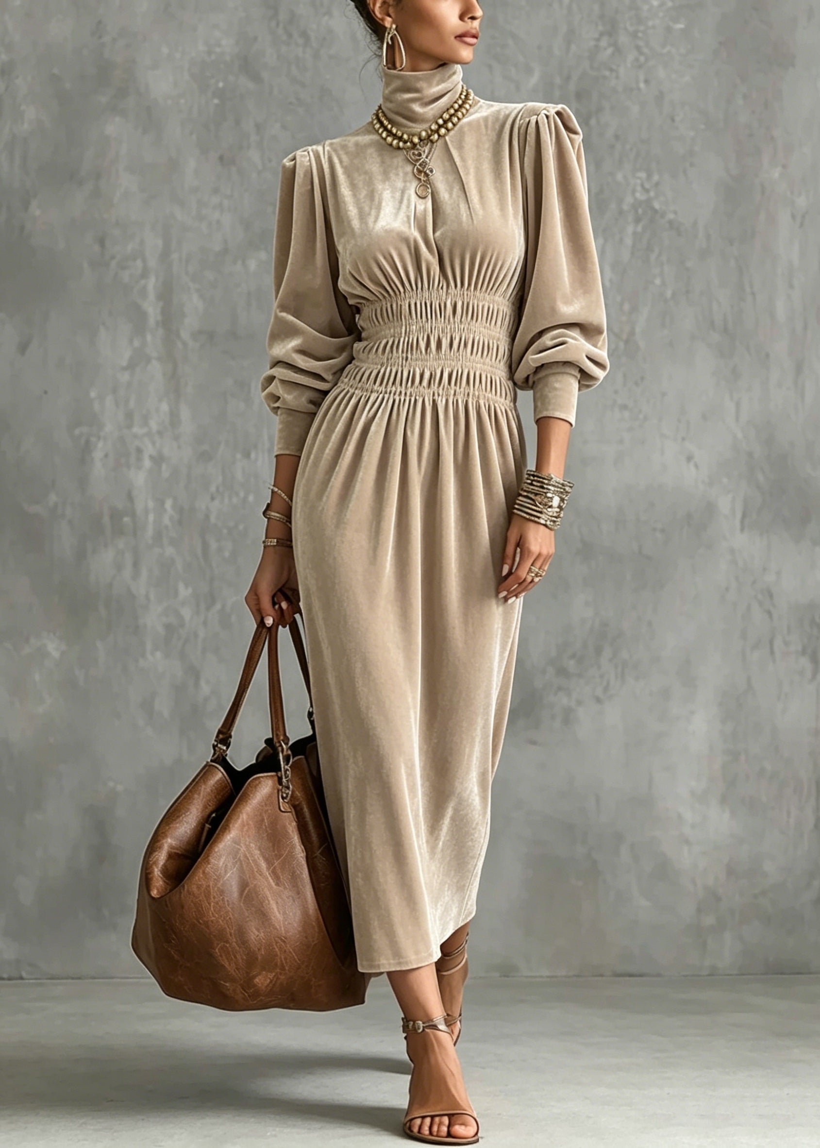Velvet Mock Neck Lantern Sleeve Smocked Waist Midi Dress