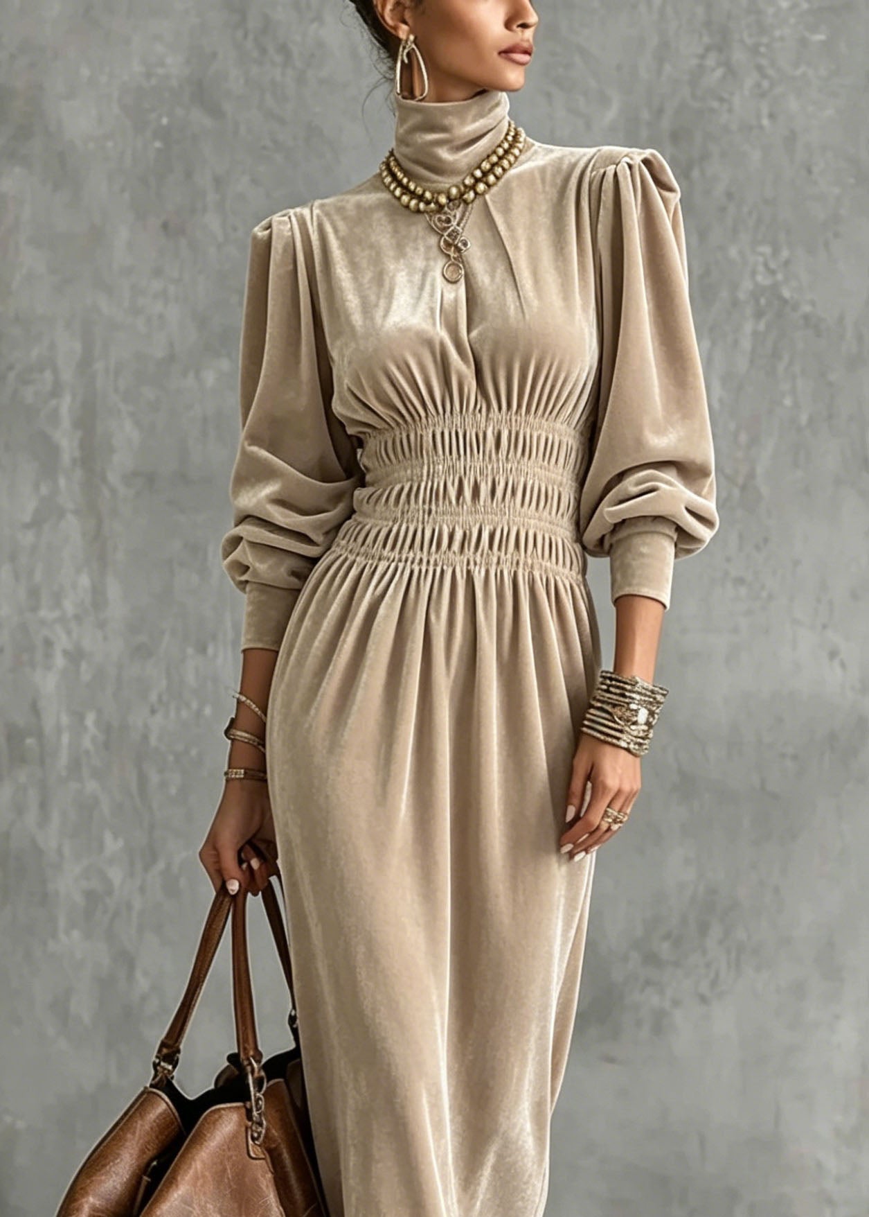 Velvet Mock Neck Lantern Sleeve Smocked Waist Midi Dress