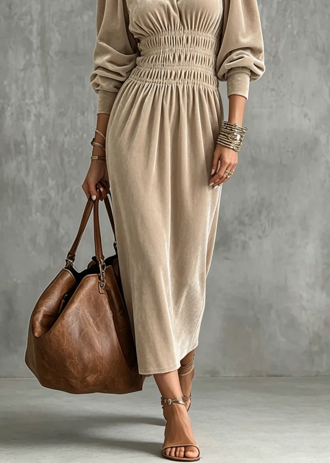 Velvet Mock Neck Lantern Sleeve Smocked Waist Midi Dress
