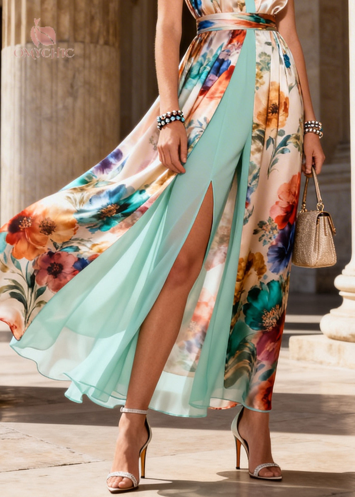 Satin Floral Faux Two Piece V-Neck Sleeveless Overlay Wide Leg Jumpsuit