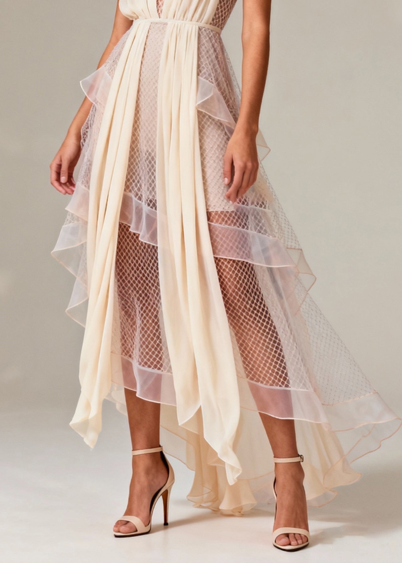 Mesh Pleated V-Neck Sleeveless High Low Tiered Ruffle Maxi Gown