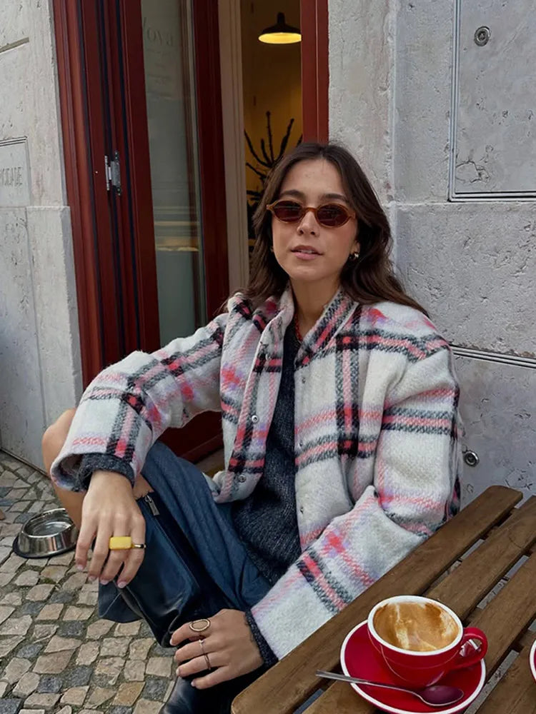 Big Plaid Print Woolen Bomber Coat Plaid / S