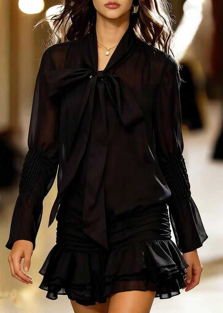 Chiffon Bow Neck Sheer Long Sleeve Ruched Tiered Ruffle Mini Dress