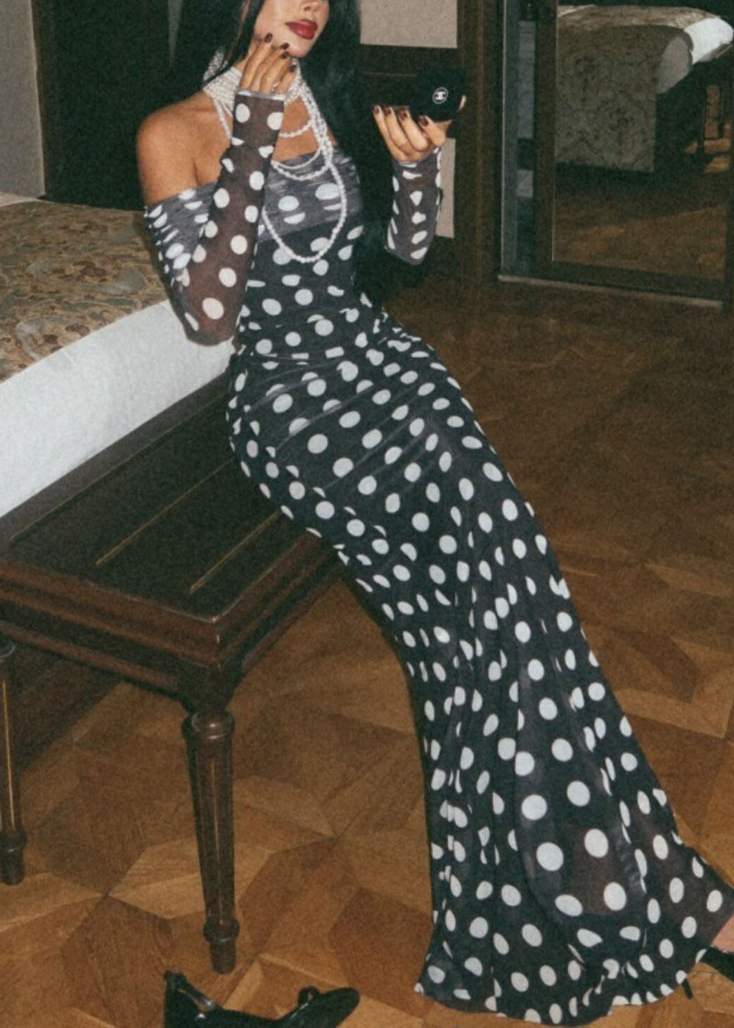 Tulle Off Shoulder Long Sleeve Ruched Bust Polka Dot Bodycon Maxi Dress