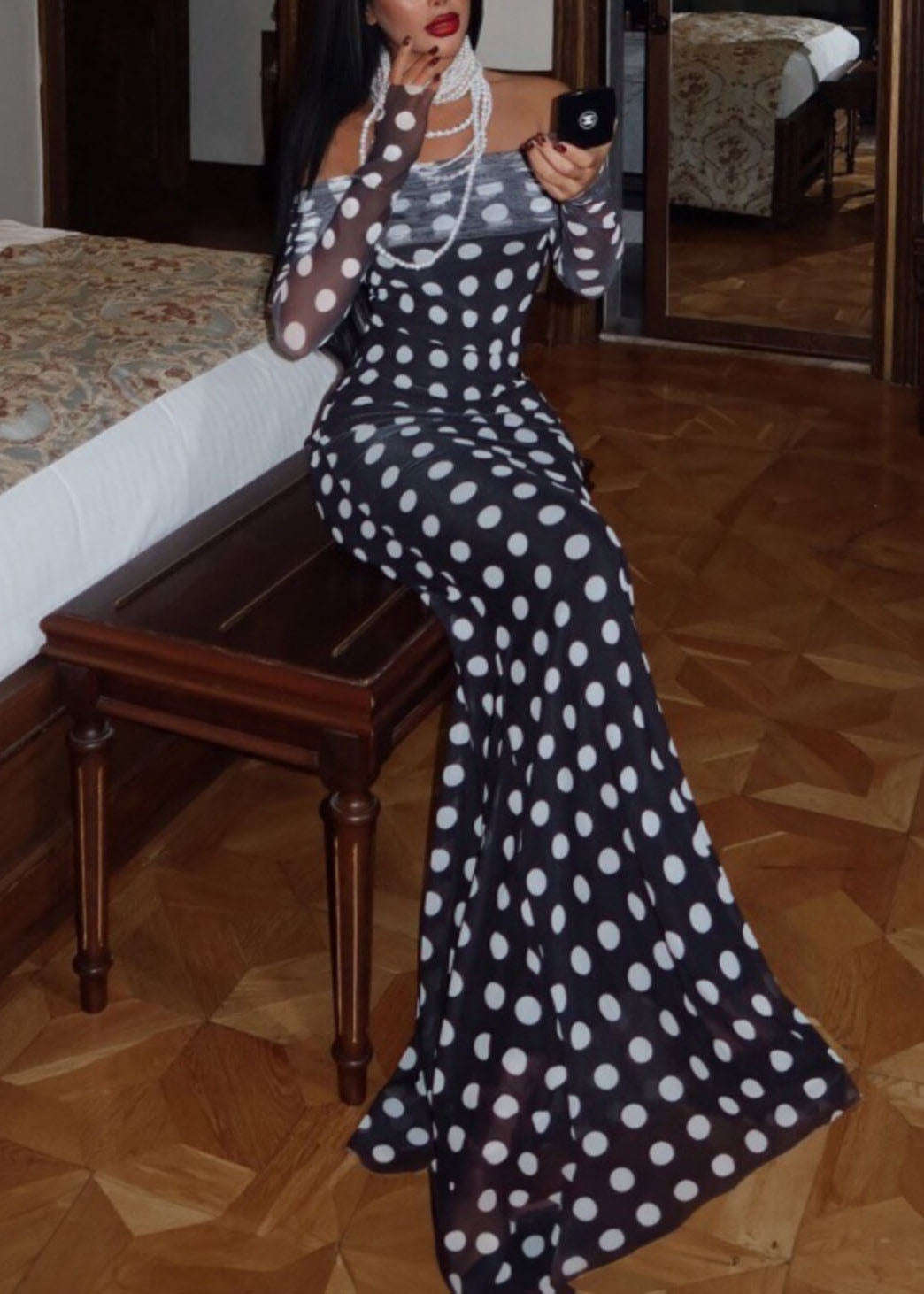 Tulle Off Shoulder Long Sleeve Ruched Bust Polka Dot Bodycon Maxi Dress