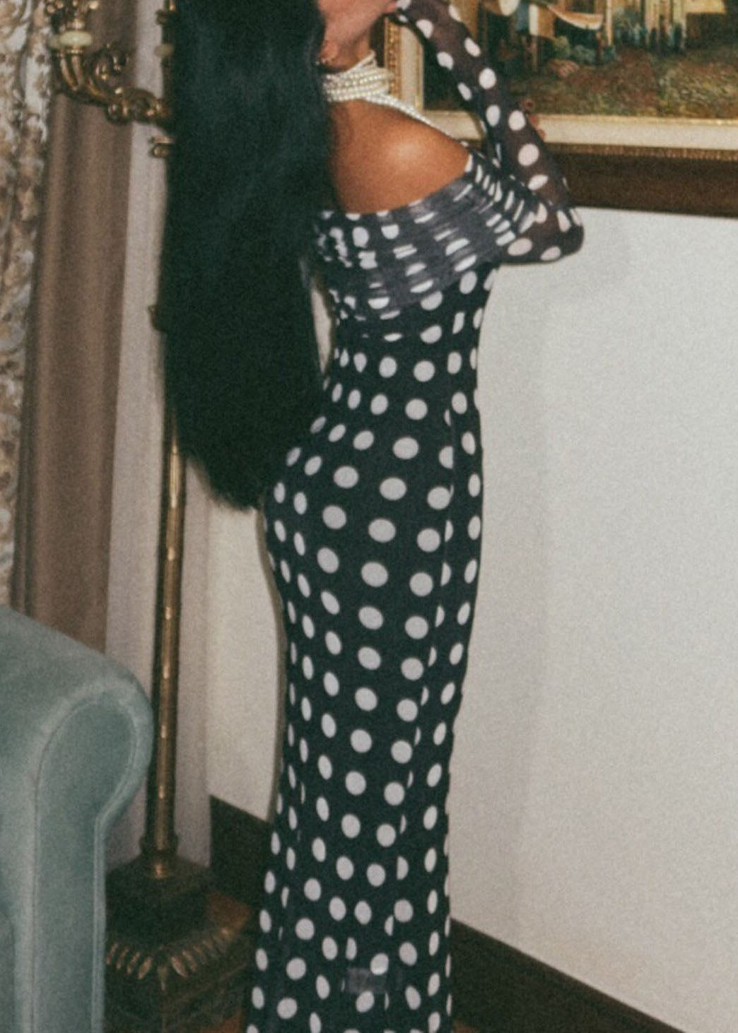 Tulle Off Shoulder Long Sleeve Ruched Bust Polka Dot Bodycon Maxi Dress