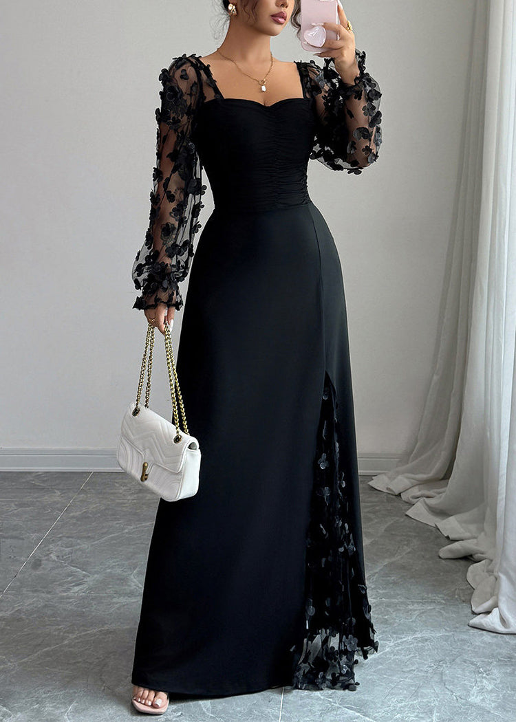 Square Neck Bishop Sleeve Mesh Floral Applique High Split Maxi Gown