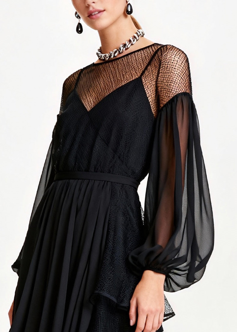 Mesh Illusion High Neck Bishop Sleeve Tiered Ruffle Tulle Party Midi Dress