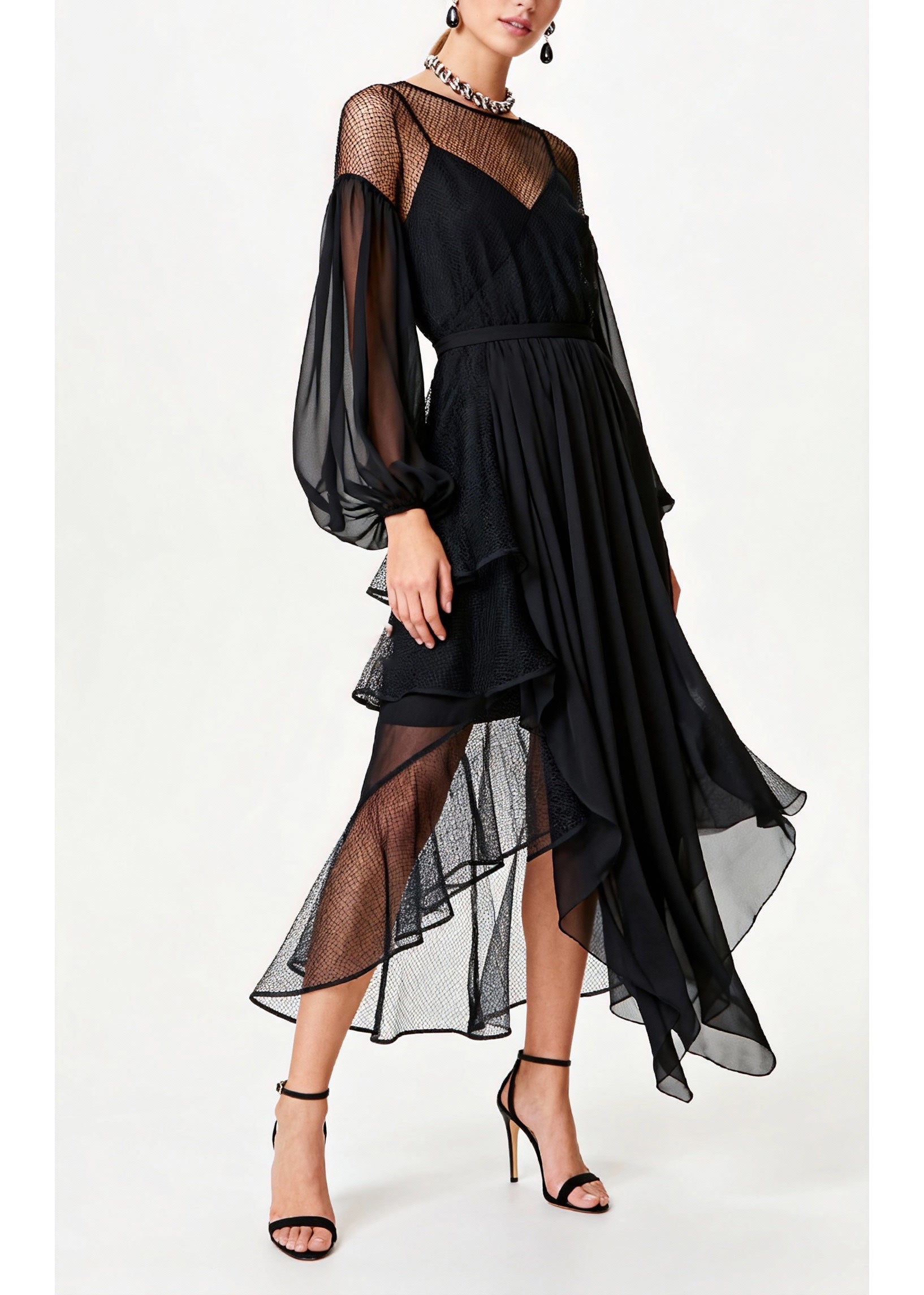 Mesh Illusion High Neck Bishop Sleeve Tiered Ruffle Tulle Party Midi Dress