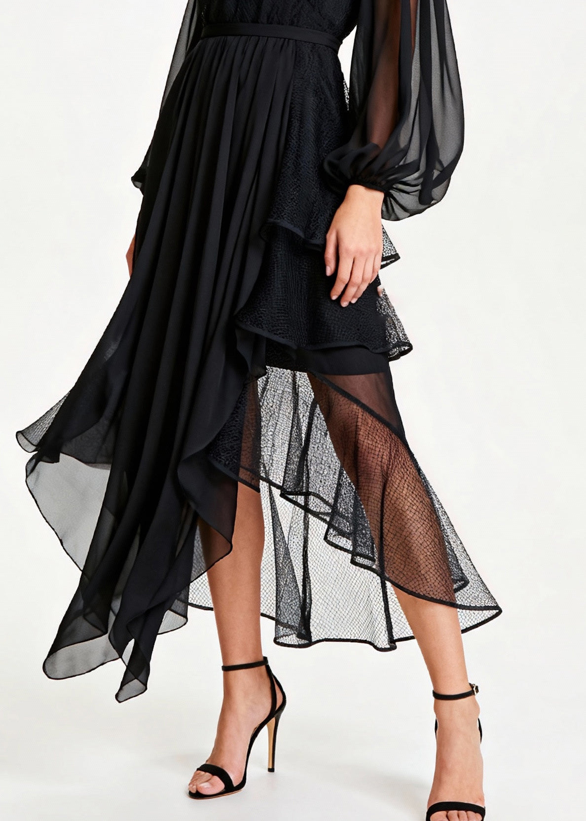 Mesh Illusion High Neck Bishop Sleeve Tiered Ruffle Tulle Party Midi Dress
