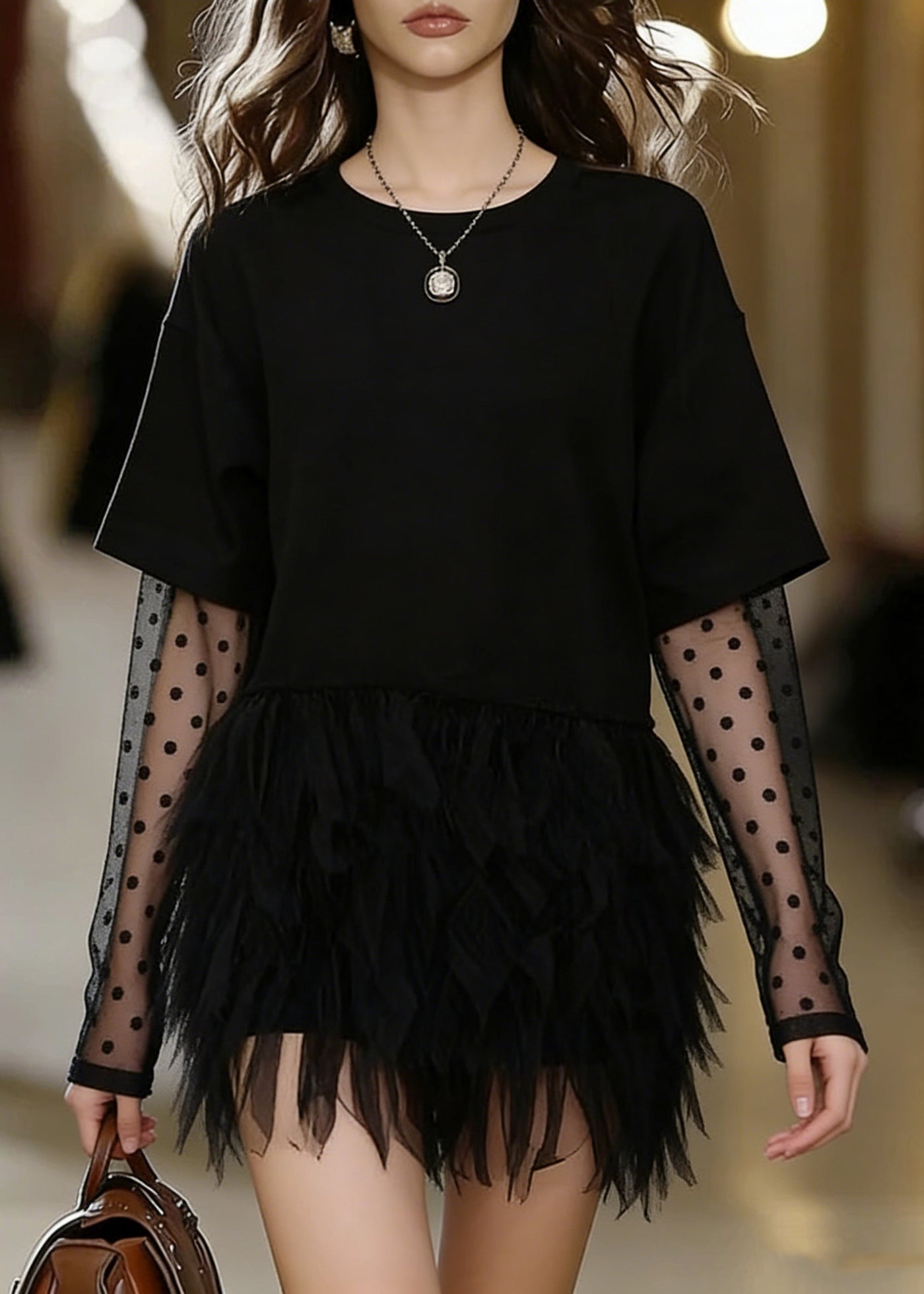 Fashion Black Oversized Patchwork Tulle Mini Dress Summer 5