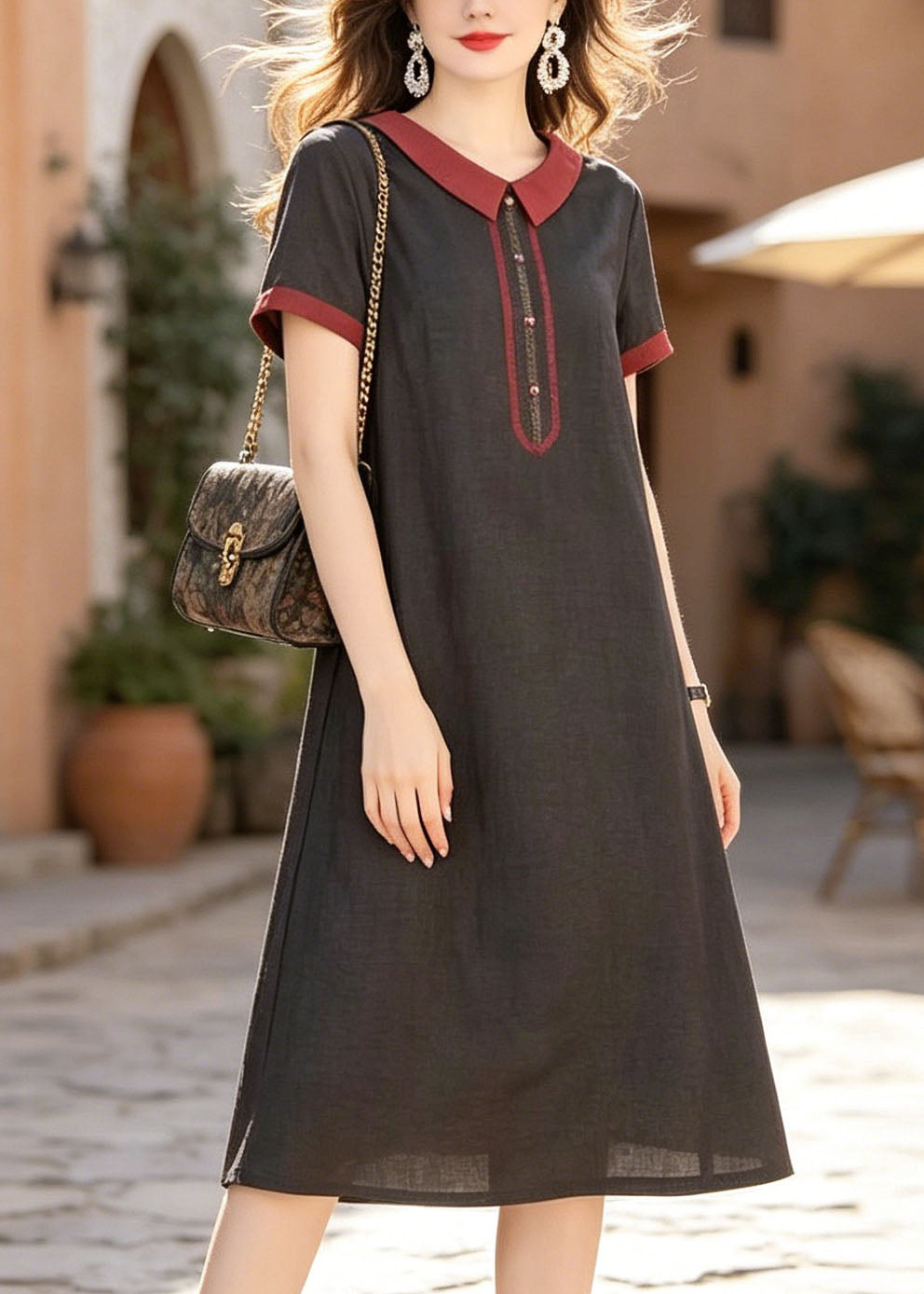 Woven Peter Pan Collar Contrast Trim Short Sleeve Button Front A-Line Midi Dress