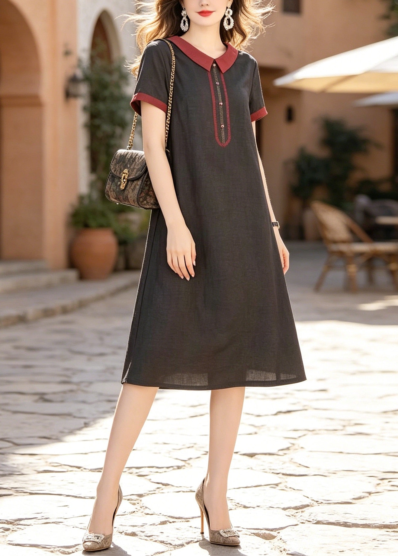 Woven Peter Pan Collar Contrast Trim Short Sleeve Button Front A-Line Midi Dress
