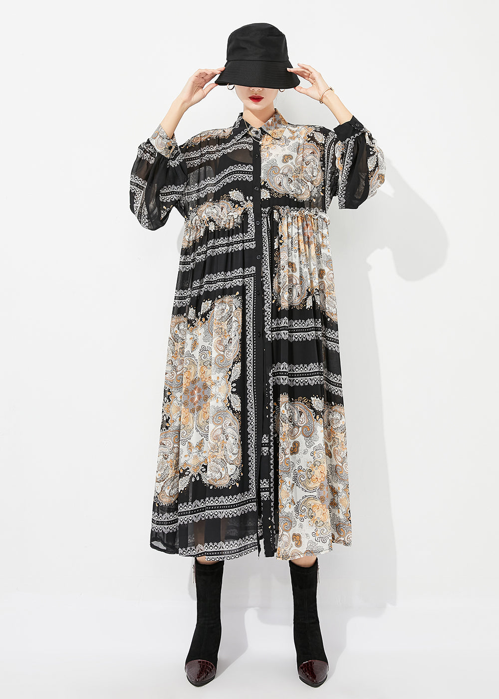 Chiffon Paisley Print Collar Button Front Lantern Sleeve Side Slit Maxi Shirt Dress