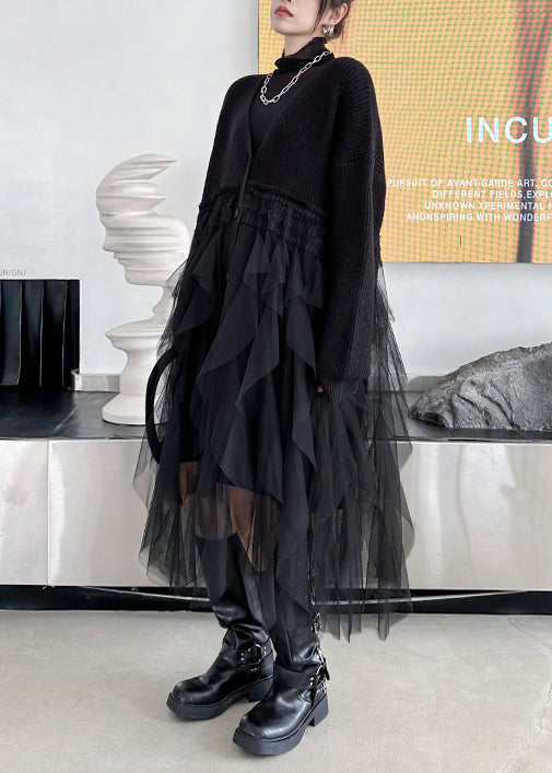 Knit Button Front Deep V-Neck Long Sleeve Tiered Tulle Ruffle Midi Dress