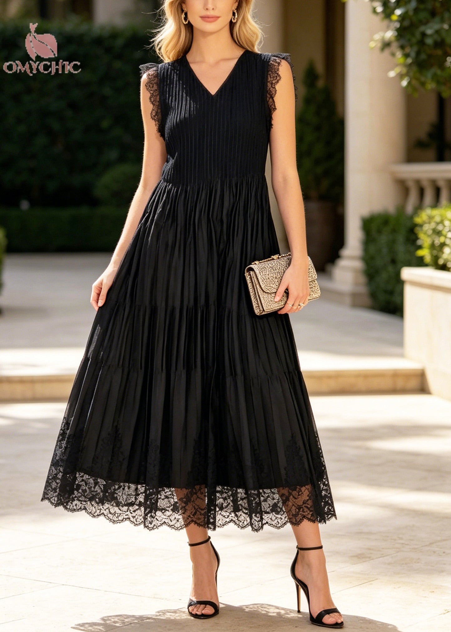 V-Neck Sleeveless Lace Trim Pleated Tiered Chiffon Midi Dress