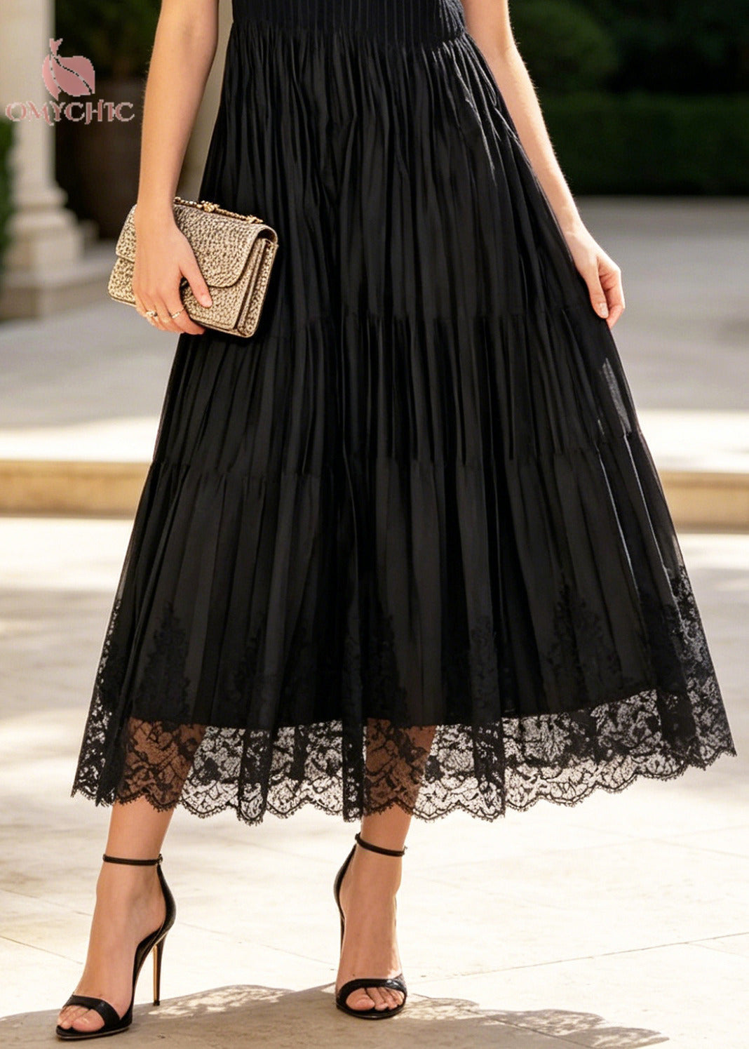 V-Neck Sleeveless Lace Trim Pleated Tiered Chiffon Midi Dress
