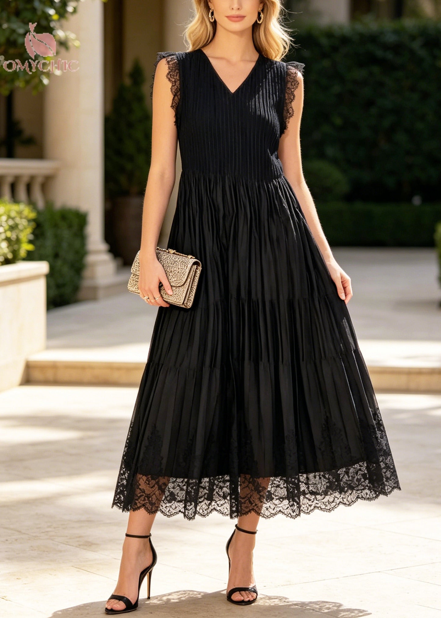 V-Neck Sleeveless Lace Trim Pleated Tiered Chiffon Midi Dress