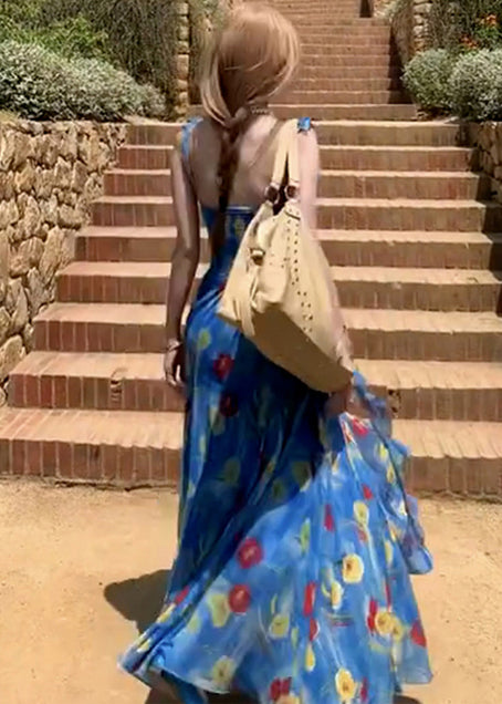 Fashion Blue Backless Print Chiffon Ankle Dress Summer 4