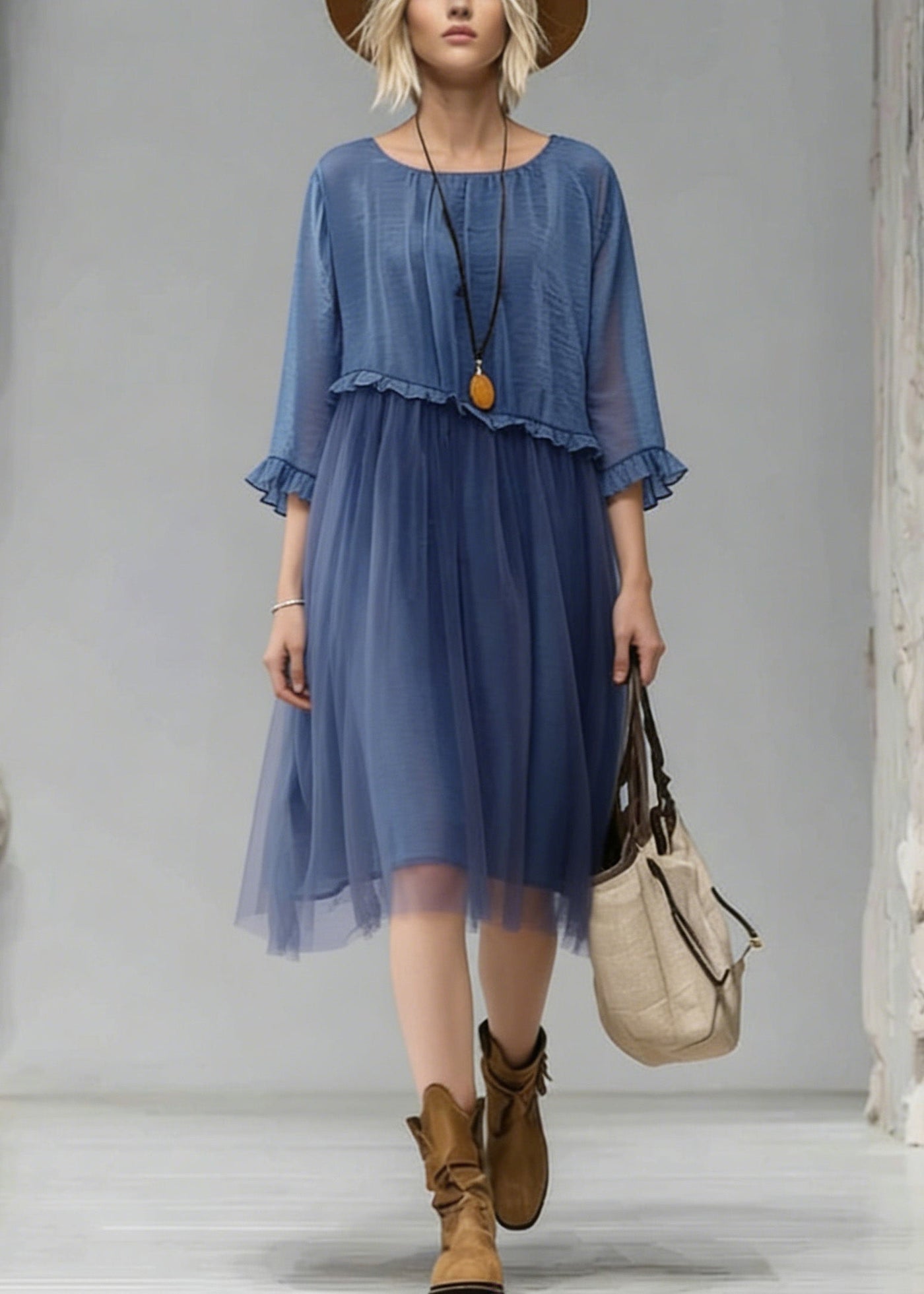 Fashion Blue O-Neck Ruffled Tulle Patchwork Chiffon Dress Summer 3